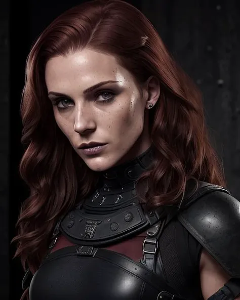 <kateesackhoff2>, masterpiece, best quality, ultra-detailed, texture, detail eyes, 8k, young irish solider girl with heavy makeup, eye shadow, dark lipstick, heavy makeup, 1girls, (wearing modern military body armor)+, plate carrier, ammo belt, magazine pouch, modern combat fatigues, (long dark red hair)++, blood on face, <corneo_runny_makeup>, combat, foreground, middle ground, background, dynamic angle,