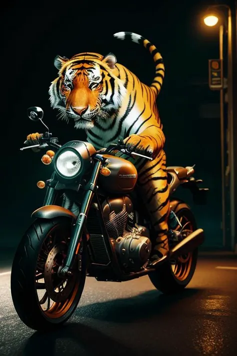 A tiger, driving a motorcycle,cinematic,fine details,8k,dark shot,soft volumetric lights,backlit,intricate details,hdr,ray tracing,fantasy