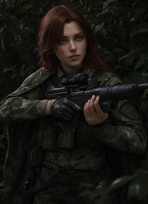 (photorealistic)++, beautiful lighting, masterpiece++, best quality++, realistic, full body portrait, real picture, intricate details, depth of field, 1girl, A very muscular solider girl with red hair holding a rifle, dark green camo military uniform, long camo cape, holding a assault rifle, m4a1, inside a forrest, highly-detailed, perfect face, blue eyes, lips, wide hips, small waist, tall, make up, Fujifilm XT3, professional majestic photograph by Ed Blinkey, Atey Ghailan, Studio Ghibli, by Jeremy Mann, Greg Manchess, Antonio Moro, trending on ArtStation, trending on CGSociety, Intricate, High Detail, Sharp focus, dramatic, photorealistic painting art by midjourney and greg rutkowski , RAW photo, 8k uhd, film grain