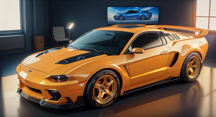 (masterpiece)+, (Best Quality)+, (Intricate Detail)+, design me a ford mustang and lamborghini diablo mashup car, white paint with orange highlights, showroom concept, lens flare, camera artefact, professional photographer, 4k, HDR, longitudinal symmetry