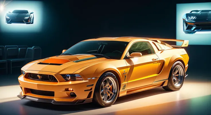 (masterpiece)+, (Best Quality)+, (Intricate Detail)+, design me a ford mustang and lamborghini diablo mashup car, white  paint with orange highlights, showroom concept, lens flare, camera artefact, professional photographer, 4k, HDR, longitudinal symmetry