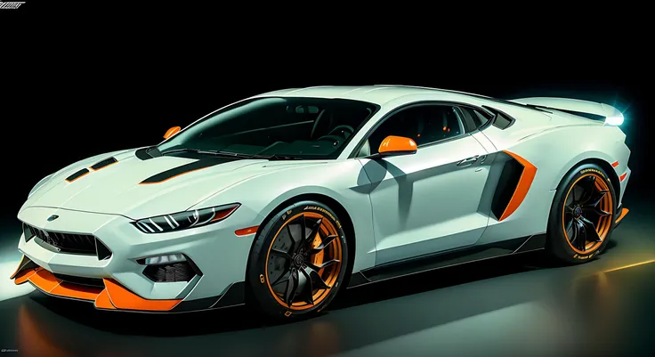 (masterpiece)+, (Best Quality)+, (Intricate Detail)+, design me a ford mustang and lamborghini aventador mashup car, white paint with orange highlights, showroom concept, lens flare, camera artefact, professional photographer, 4k, HDR, longitudinal symmetry
