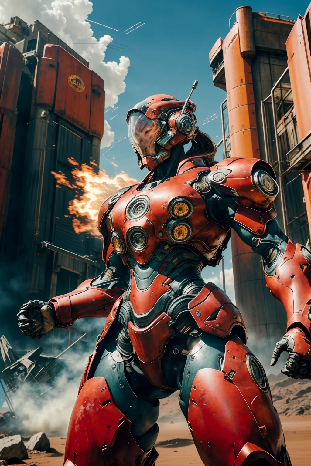 cinematic shot of a woman, intense looking, armor, full body, battle stance , dashing, sci-fi,
energy fields , metal, rusty, battleground, dessert, explosions , fire,
photo, masterpiece, best quality, ultra high res, (photorealistic:1.4),, high resolution, detailed, raw photo , kodak portra 400 camera ,f1.6 lens, rich colors <lora:FINAL Robort:0.8> <lora:add_detail:1>