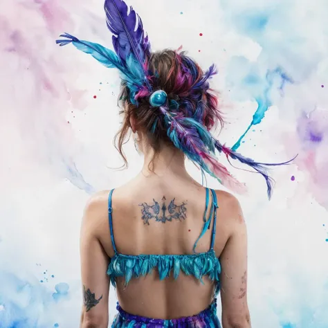 RAW photo, 8k uhd, Analog style, (Masterpiece, Best Quality, Highres:1.3), dramatic, cinematic, BREAK,
(watercolor painting:1.4) by (Agnes Cecile:1.2) of (slim:1.1) indian (girl:1.2) upper body from behind, (sundress made of feathers:1.3), cute face, (dynamic pose:1.1), (eyes:0.8), looking up, ((very long:1.1) flying blue hair:1.2) with (purple:1.1) (feather:1.4), (tattoo:1.3), (clouds, mountain, field:0.8), wind, ((colorful:1.1) watercolor blots background:1.3), (soft colors, fluid strokes, transparent layers:1.3), (hyperdetailed, absurdres, sketch:1.1), BREAK,
<lora:more_details:0.7>,