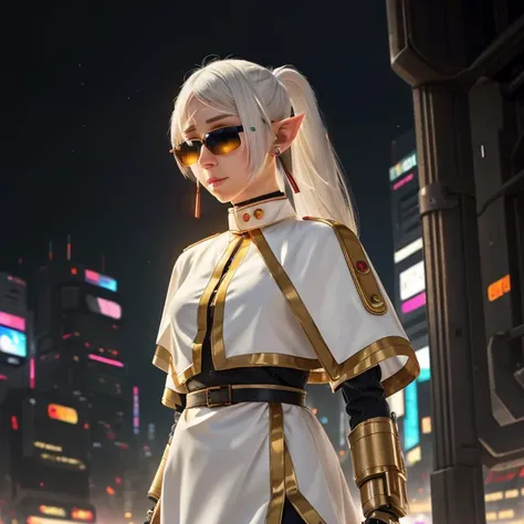 frieren, white hair, long hair, pointy ears, twintails, jewelry, elf, earrings, capelet, white capelet, robotic bodysuit, parted bangs, dress, belt, flower, 1 girl, cyberpunk city, dynamic pose, cyberpunk, a high-tech city, full of machinery and futuristic element, futurism, technology, person in focus, highres, masterpiece, best quality, high quality, female cyborg, robotic shaded glasses, cyborg forehead, full body, cyborg arms, <lora:frieren-10:0.9>