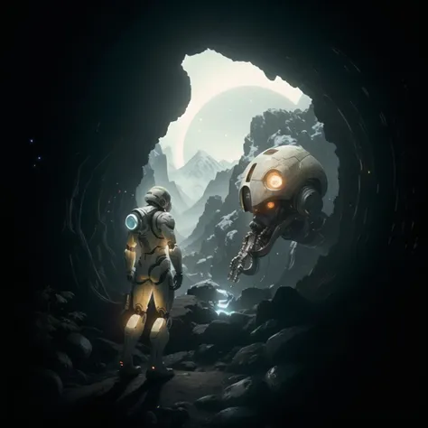 Masterpiece, highest quality, rear angle, Highly detailed photo of a (Male space soldier wearing blue and white space suit, helmet, colored mask, rebreather, protruding trophy, robotic arm looks at the remains of a humanoid creature), athletic body, [wide hips], (investigating a strange glowing alien artifact), on alien exoplanet, (mountains:1.1), (exotic rain forest), lush vibrant foliage, (two moons in the sky:0.8), (hyperdetailed, intricately detailed), background by Jessica Rossier, (sci-fi), during the day, (lens flare:0.5), (bloom:0.6), particle effects, (cinematic lighting:1.1), sharp shadows, ambient light, [bioluminescente], raytracing, photographed on a Fujifilm X-S10 Mirrorless Camera, 25mm F2.8 ultra-wide-angle lens, sharp focus, Cinestill 800T, still frame from Gravity 2013, 8k, HDR, from behind,Rich details,(hold nothing)