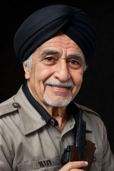 close-up photo portrait of a 80 yo aged Arab man, short grey hair, beard, black eyes, joyful face expression, turban, holding ak-47, military, simple background