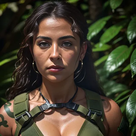 Closeup film still, of (young female SOF soldier from the 1980s), wearing tactical harness, (hiding in the jungle), (lush vegetation), (raining:0.8), dense jungle, toned body, beautiful face, seductive eyes, (highly detailed, hyperdetailed, intricate), edge lighting, prominent projected shadows, deep soft depth of field, photographed on a Sony a9 II Mirrorless Camera, 24mm wide angle lens, F/8 aperture, sharp focus, (RAW), cinematic film still from First Blood