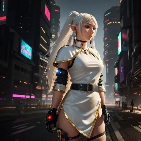 frieren, white hair, long hair, pointy ears, twintails, jewelry, elf, earrings, capelet, white capelet, robotic bodysuit, parted bangs, dress, belt, flower, 1 girl, cyberpunk city, dynamic pose, cyberpunk, a high-tech city, full of machinery and futuristic element, futurism, technology, person in focus, highres, masterpiece, best quality, high quality, female cyborg, robotic shades, cyborg forehead, full body, cyborg arms, <lora:frieren-10:0.9>