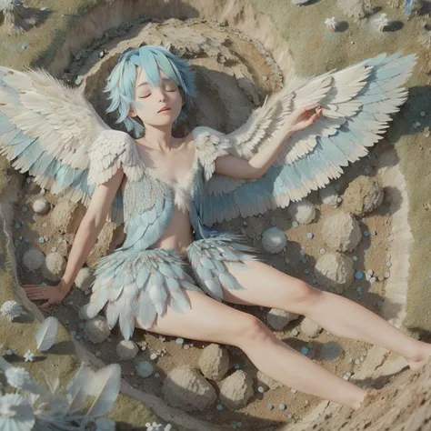 angel laying her wings on a crater, huge wings, mycelium, delicate, extremely detailed, beautiful, closed eyes, [feathers on the ground], light blue hair