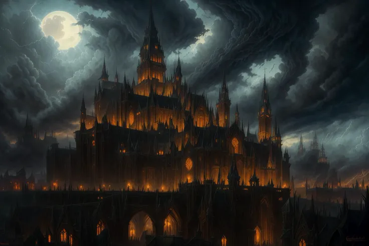 Masterpiece, old school dark fantasy painting of a sprawling gothic city, imposing palace in the distance, dark stormy clouds, by Luis Royo, by Frank Frazetta, by Gerald Brom, grim dark, retro fantasy, uhd, 4k, hdr,