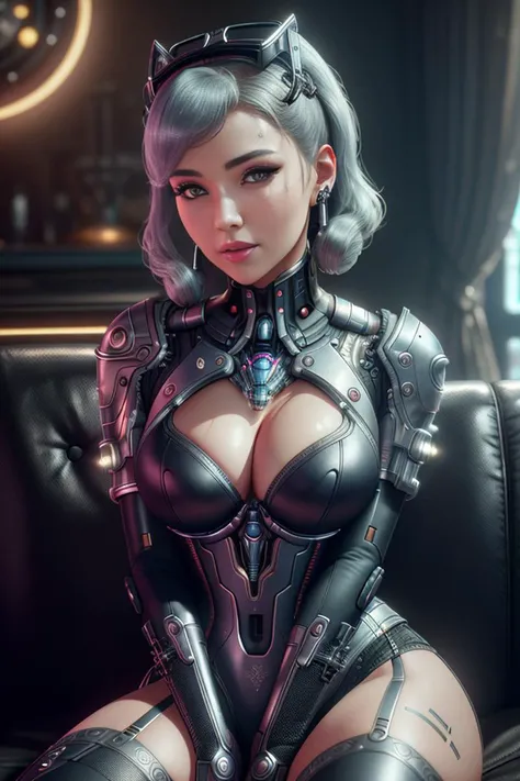 [Cyberpunk:Steampunk:16], High detail RAW color Photo, closeup shot, of (1950s housewife, wearing cyber wear), (clothed), (sitting on couch, in retrofuturistic 1950s American Living Room), cyber tattoos, (elegant, beautiful face), (cyborg), (cybernetic impalnts:1.2), (augmentations), (detailed skin, supple skin pores), silicon, metal, (intricately detailed, fine details, hyperdetailed), (bloom:0.4), raytracing, subsurface scattering, diffused lighting, (side lighting:0.5), shallow depth of field), photographed on a Canon EOS R5, 85mm lens, F/2.8, sharp focus, smooth, cinematic film still
