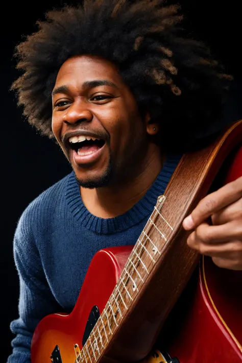 close-up photo portrait of a 45 yo african man, black afro hair, stubble, brown eyes, excited face expression, singing, red bass guitar, blue sweater, black bluesman, simple background