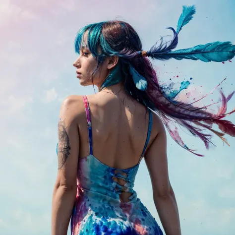 RAW photo, 8k uhd, Analog style, (Masterpiece, Best Quality, Highres:1.3), dramatic, cinematic, BREAK,
(watercolor painting:1.4) by (Agnes Cecile:1.2) of (slim:1.1) indian (girl:1.2) upper body from behind, (sundress made of feathers:1.3), cute face, (dynamic pose:1.1), (eyes:0.8), looking up, ((very long:1.1) flying blue hair:1.2) with (purple:1.1) (feather:1.4), (tattoo:1.3), (clouds, mountain, field:0.8), wind, ((colorful:1.1) watercolor blots background:1.3), (soft colors, fluid strokes, transparent layers:1.3), (hyperdetailed, absurdres, sketch:1.1), BREAK,
<lora:more_details:0.7>,