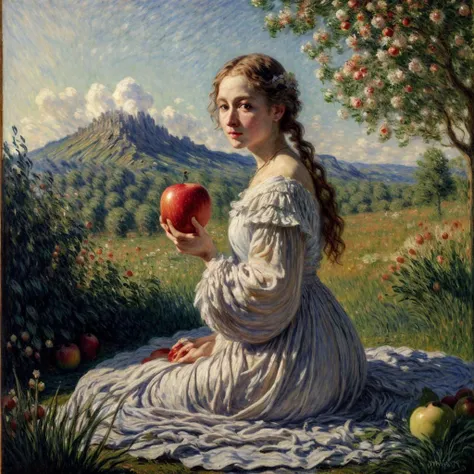 RAW photo, 8k uhd, Analog style, (Masterpiece, Best Quality, Highres:1.3), dramatic, cinematic, BREAK,
(oil painting:1.3) by (Peter Paul Rubens:1.2) and (Claude Monet:1.2) of (corpulent:1.1) (woman:1.2) sitting in (garden of Eden:1.2), (holding apple:1.2), white (chiton:1.2), (apples:1.3), (trees:1.2), (ancient:0.5) (ruins:1.05), cute face, blue eyes, braids, (flower wreath:1.1), (bed sheet:1.15), (godrays:1.2), (shine:1.1), (mountain:1.1), (fluffy cloud:1.2), (painting, renaissance, romanticism scene:1.12), (hyperdetailed, absurdres:1.1), BREAK,
<lora:more_details:0.85>,