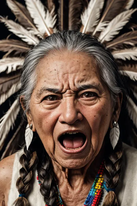 close-up photo portrait of a 100 yo old native american woman, grey hair, brown eyes, screaming face expression, twin braids, warbonnet, feathers, tribal, simple background