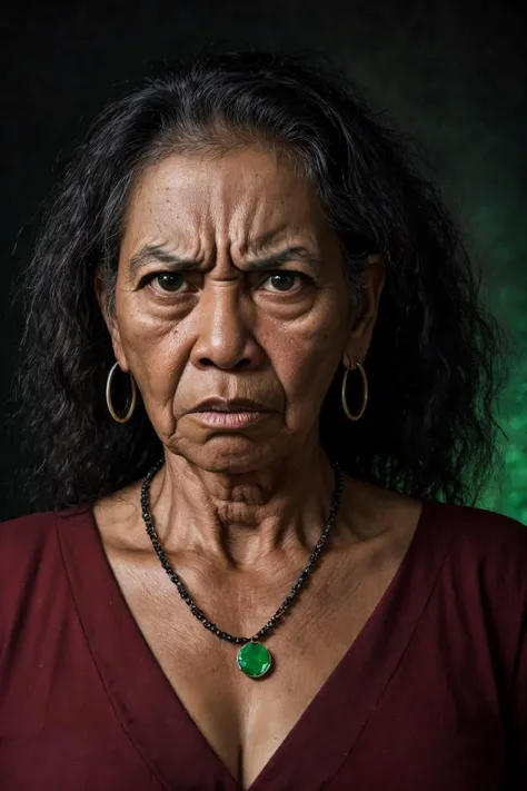 close-up photo portrait of a 60 yo samoan woman, black long curly hair, green eyes, angry face expression, chest red huge gem, necklace, chieftain, traditional, simple background