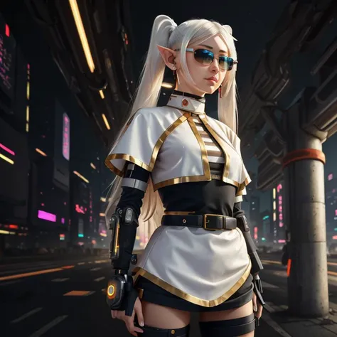 frieren, white hair, long hair, pointy ears, twintails, jewelry, elf, earrings, capelet, white capelet, robotic bodysuit, parted bangs, dress, belt, flower, 1 girl, cyberpunk city, dynamic pose, cyberpunk, a high-tech city, full of machinery and futuristic element, futurism, technology, person in focus, highres, masterpiece, best quality, high quality, female cyborg, robotic shaded glasses, cyborg forehead, full body, cyborg arms, <lora:frieren-10:0.9>
