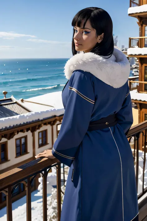 Eska, black hair, bangs, blue eyes,eyeliner, hair ornament, fur trim, blue coat, looking at viewer, serious, smirk, leaning, on balcony, from_behind, outside, palace, snow, ocean, sunny, high quality, masterpiece, <lora:Eska:.7>