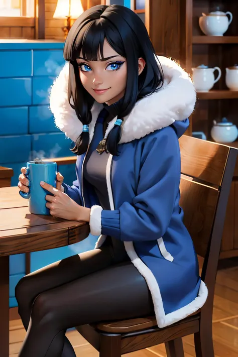 Eska, black hair, bangs, blue eyes,eyeliner, hair ornament, fur trim, blue coat,leggings, looking at viewer, smiling, teeth, sitting, on chair, inside fancy kitchen, holding coffee mug, steam, high quality, masterpiece, <lora:Eska:.7>