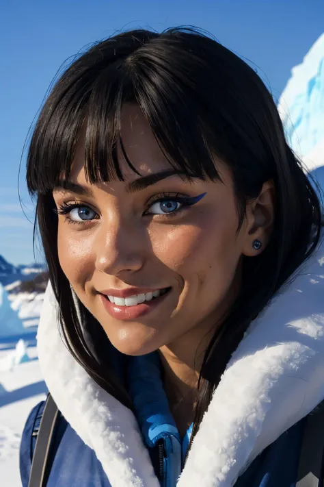 Eska, black hair, bangs, blue eyes,eyeliner, hair ornament, fur trim, blue coat,looking at viewer, smiling, close up, outside, anarctica, iceberg, blue sky, high quality, masterpiece, <lora:Eska:.7>