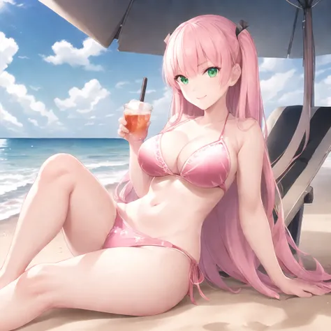 ((masterpiece)), (((best quality))), ((ultra-detailed)), ((illustration)), finely detail, extremely detailed CG unity 8k, highres, {beautiful detailed eyes}, finely detail, beautiful detailed eyes
1girl, breasts, solo, long hair, swimsuit, barefoot, pink hair, smile, beach, bikini, day, outdoors, green eyes, looking at viewer, cup, navel, holding, cleavage, sitting, umbrella, collarbone, pink bikini, sarong,  beach umbrella, large breasts, stomach, holding cup, very long hair,  bangs, thighs, ocean, bare arms, bare legs, cloud, closed mouth, sand, knee up, sky, v-shaped eyebrows, bow, halterneck, hair bow, water, feet