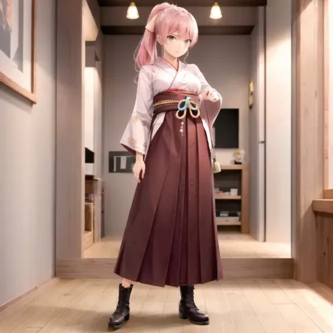 <lora:BasyamichiV6:0.6>, BMC, 1girl, solo, (yagasuri), japanese clothes, indoors, skirt, hakama, hakama skirt, realistic, kimono, holding, boots, cross-laced footwear, lace-up boots, meiji schoolgirl uniform, tasuki, ribbon, full body, hair ribbon, purple hakama, wooden floor, <lora:washitsu:0.6> washitsu, pink hair, ponytail, standing,