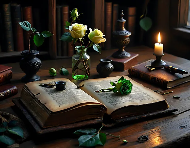 Inspired by https://civitai.com/user/Fabolous_Spirit Picture: https://civitai.com/images/12336553 My Prompt: Masterpiece, best quality, high quality, realistic, high detailed, ultra detailed, intricate detailed, award winning, See a nostalgic scene where a writer's desk holds an old book and a rose lying gracefully across its cover. The quill and inkwell suggest a moment of inspiration, as the writer contemplates their next words in this tranquil, evocative space., <lora:SDXL/MJ52.safetensors:0.4> , <lora:SDXL/Color-000009.safetensors:1>, colorful, <lora:SDXL/Midjourney_Fantasy_XL.safetensors:0.7> , <lora:SDXL/EldritchCharcoalXL1.1.safetensors:0.5>, charcoal drawing, 16k, 32k, uhd, sharp lines, (lots of details:1.2), extremely detailed, raw, dslr,