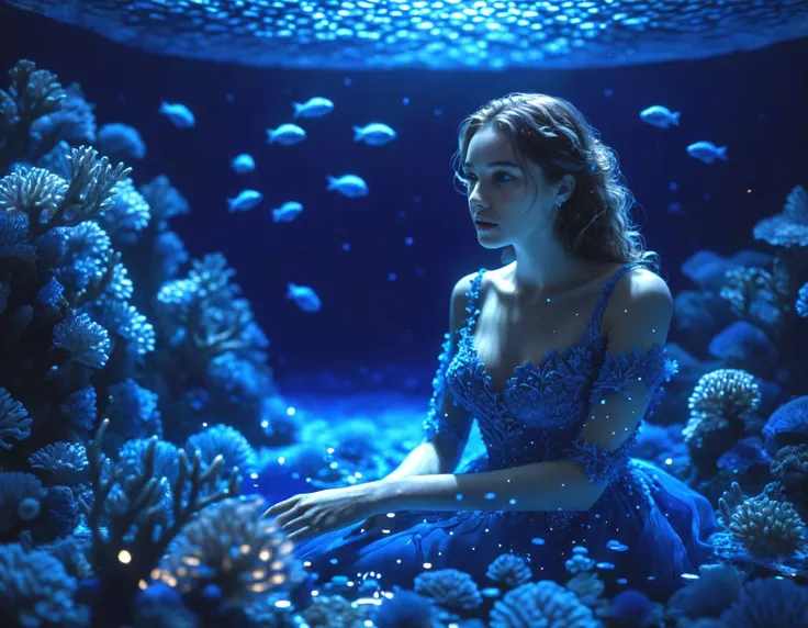 A woman in an elegant Resolution Blue dress is sitting underwater, gazing at a glowing light on a table surrounded by Blue (Pigment) coral and fish,,