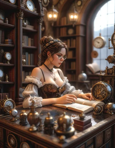 (best quality,4k,8k,highres,masterpiece:1.2),ultra-detailed,(realistic,photorealistic,photo-realistic:1.37),Steampunk girl with a cat robot companion,poised in a candlelit room,eye contact with the viewer,captured in a wide-angle shot,metallic texture,mysterious atmosphere,golden color palette,industrial machinery,clockwork mechanisms,Victorian fashion and accessories,sophisticated hairstyle,elaborate corset and gears,intricate cogwheels,soft candlelight illuminating the scene,intriguing shadows and contrasts,detailed textures on walls and furniture,glimmering reflection on brass and copper surfaces,mechanical cat with intricate details,steely blue eyes of the cat,gear-shaped badges and embellishments,polished leather boots,matching gloves and goggles in brass frame,impressive mechanical wings extending from the girl's back,exquisite clock-inspired jewelry,antique books and parchment scrolls scattered on a wooden desk,a steaming teacup on a saucer, aged parchment with handwritten notes and sketches,artificial intelligence cat robot with subtle cat-like movements,advanced robotic joints and limbs,meticulous attention to detail in the girl's eyes and face, capturing her expression of curiosity and determination,richly patterned wallpaper with floral motifs,ornate candleholders and chandeliers suspended from the ceiling,delicate lace curtains framing the window,moody and atmospheric lighting, providing an ethereal glow,wide-angle shot capturing the grandeur of the room,showcasing the unique blend of technology and antiquity,immersive and captivating scene, combining elements of fantasy and retro-futurism.