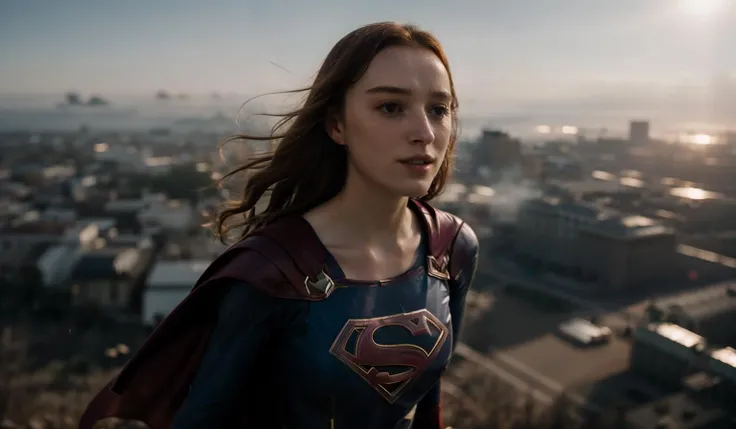 pho3be,a woman,wearing supergirl costume,flying in the sky, red hair, long hair,cinematic,filmic,film grain,bokeh,volumetric fog,motion blur,sunray,<lora:pho3be-6:1>, closeup,dimly lit