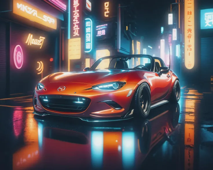 (intrincated details:1.5), (photorealistic), (masterpiece), (photography),  cinematic lighting, (hyperrealistic:1.2), 8K, 300mm, neon palette, raytracing,
mazda miata, mazda mx5, vehicle focus, cyberpunks car, cyberpunk alley,, scenery, solo, night time, wide tyres, autonomous vehicle,(neon lights), (lens flare, film noise, diffused glow.1.5), (reflections and shine:1.5), (diffraction and chromatic aberration:1.5), (without license plate), (extremely shiny car paint), (tires with a lot of negative camber), Drone Cars, simetric design,, tofu shop, (front view),
sparks floating, (dust and scratches film:1.2), (vintage color grading:1.3), dense environment, (old photo style)
 <lora:Drone_Cars_XL:1>   <lora:add_detail:2>