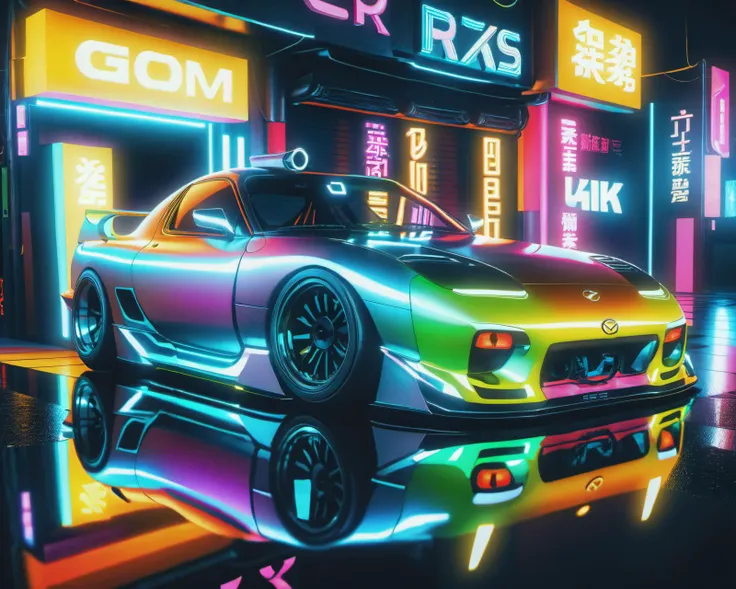 (intrincated details:1.5), (photorealistic), (masterpiece), (photography),  cinematic lighting, (hyperrealistic:1.2), 8K, 300mm, neon palette, raytracing,
mazda rx7, vehicle focus, cyberpunks car, cyberpunk alley, scenery, solo, night time, (wide tyres), autonomous vehicle,(neon lights), (lens flare, film noise, diffused glow.1.5), (reflections and shine:1.5), (diffraction and chromatic aberration:1.5), (without license plate), (extremely shiny car paint), (tires with a lot of negative camber), Drone Cars, simetric design,, tofu shop, (front view), (stance wheels)
sparks floating, (dust and scratches film:1.2), (vintage color grading:1.3), dense environment, (old photo style)
 <lora:Drone_Cars_XL:1>   <lora:add_detail:2>