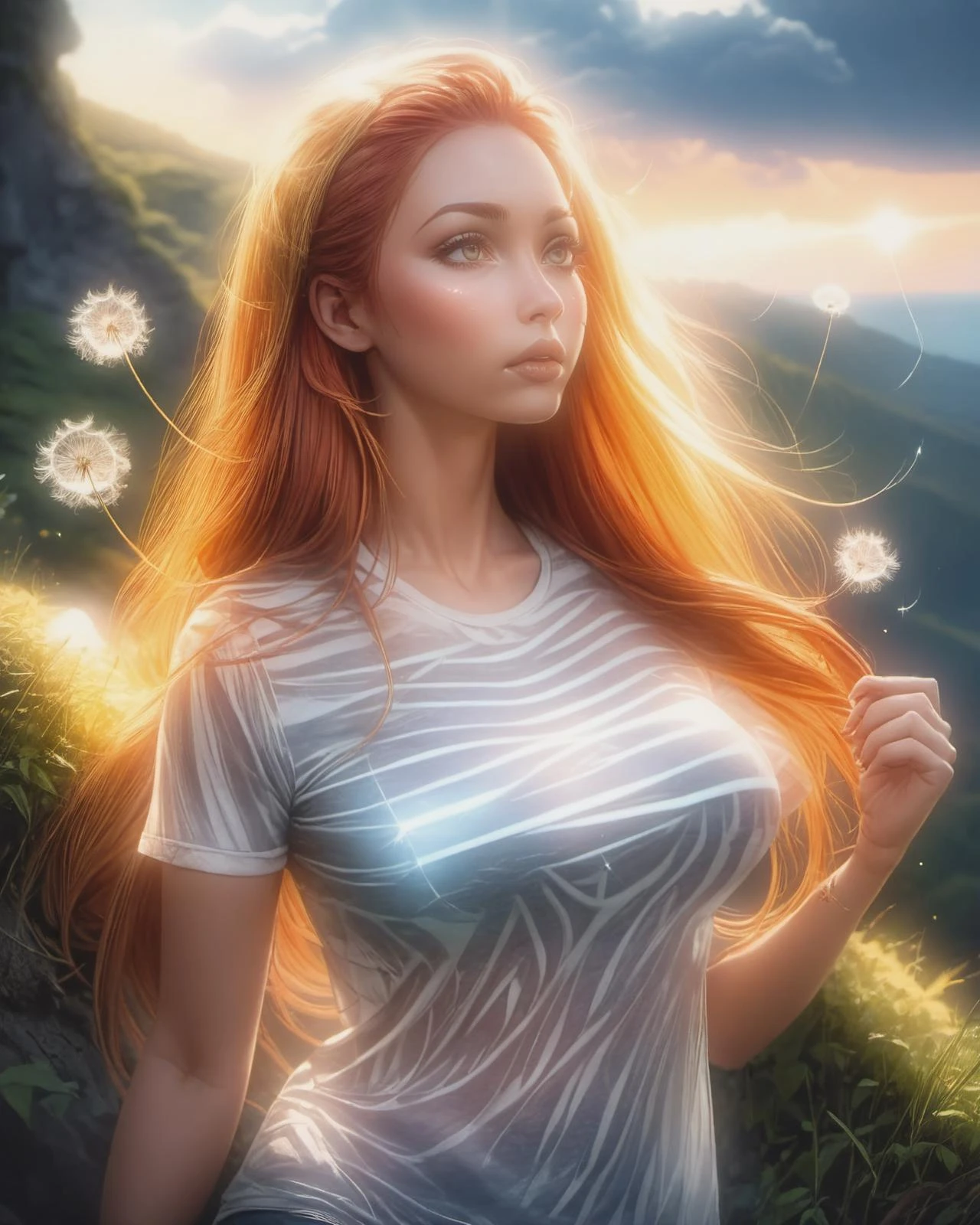 (detailed face), (photorealistic), (masterpiece), (photography), (realistic skin texture), alluring woman,
long hair, two tone hair, red and blonde hair, hair Wicks, long lashes, (dynamic angle). The girl is on the edge of a cliff and behind you can see a valley with a lush forest. The sun is setting and emits very long and warm rays, lens flare, shine, Detailed cloud, Glowing, Glowing aura, (professional lighting:1.3), dew drops on her skin, t-shirt, see-through, striped top, long shirt, croptop,
dandelion seeds floating in the air