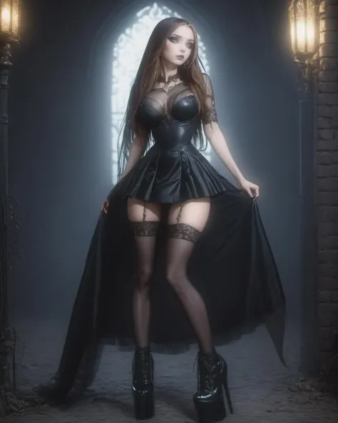 (intricated details), (masterpiece:1.4),  cinematic lighting, (dynamic lighting),Ultra high resolution, high resolution,  hyper-detail, film style
gothic 1girl, alluring girl, sexy pose,  long nails, long hair, heavy make-up, smoky eyes, eyeliner, detailed eyes, victorian dress, (dark wedding dress), spikes necklace, narrow waist, heels, (black veil), neon lights,
 <lora:MicroSkirt_XL:1> extremely short skirt, microskirt <lora:Alternative_Shoes_XL:0.3> very high platforms boots, <lora:Marina_NOG_XL:0.7>