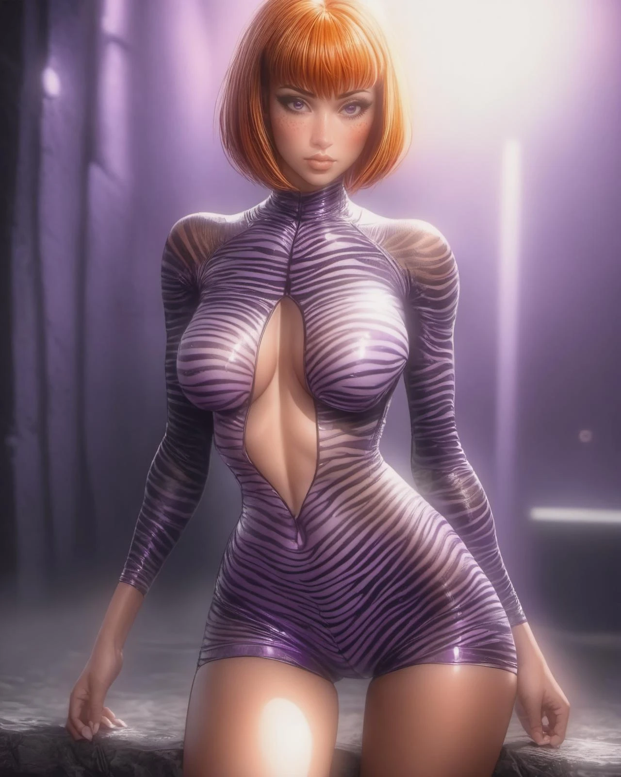 (detailed face), (photorealistic), (masterpiece), (photography), (realistic skin texture), (moles, freckles), (cinematic lighting),
1girl, bobcut hair, hair straight bang, wearing sexy purple bodysuit zebra pattern, eyeliner, toned body, bare legs, toned legs, fog, (bare legs), orange hair, breasts, front view, extreme cleavage