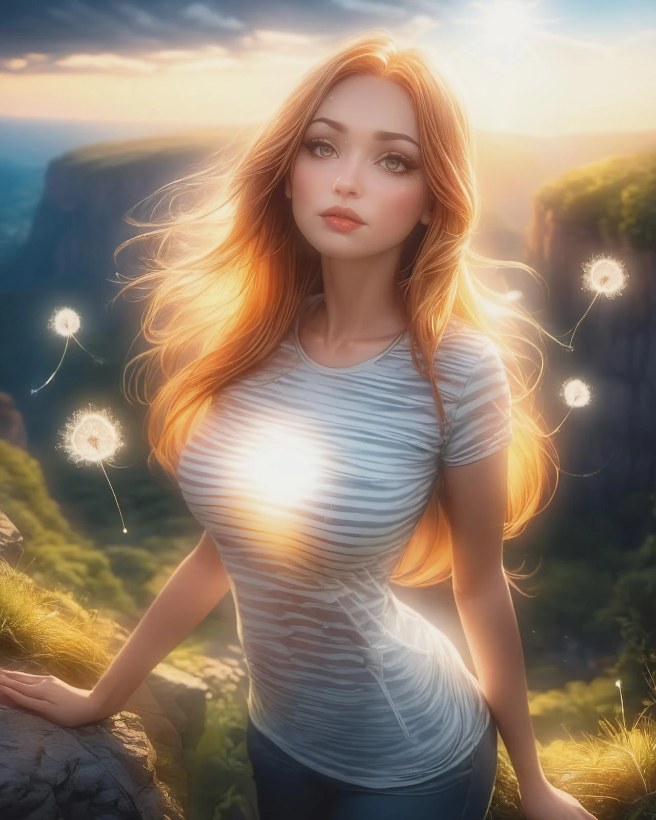 (detailed face), (photorealistic), (masterpiece), (photography), (realistic skin texture), alluring woman,
long hair, two tone hair, red and blonde hair, hair Wicks, long lashes, (dynamic angle). The girl is on the edge of a cliff and behind you can see a valley with a lush forest. The sun is setting and emits very long and warm rays, lens flare, shine, Detailed cloud, Glowing, Glowing aura, (professional lighting:1.3), dew drops on her skin, t-shirt, see-through, striped top, long shirt, croptop,
dandelion seeds floating in the air