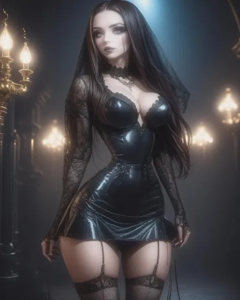 (intricated details), (masterpiece:1.4), cinematic lighting, (dynamic lighting),Ultra high resolution, high resolution, hyper-detail, film style
gothic 1girl, alluring girl, sexy pose, long nails, long hair, heavy make-up, smoky eyes, eyeliner, detailed eyes, victorian dress, (dark wedding dress), spikes necklace, narrow waist, heels, (black veil), neon lights, toned legs,
<lora:MicroSkirt_XL:1> extremely short skirt, microskirt, <lora:Marina_NOG_XL:0.3>
