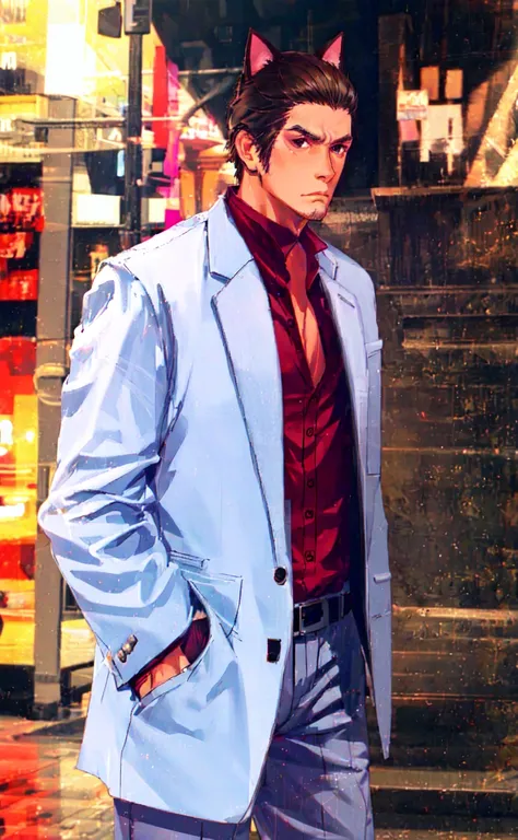 1boy, kiryuu_kazuma, cat ears, city, night, costume, white costume, serious, hands in pockets, cat tail,