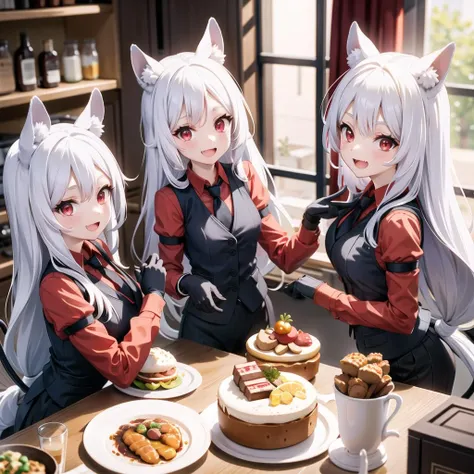 best quality, masterpiece, best shadow, shade, beautiful lighting, 3girls,cerberus \(helltaker\), riffle, angry, red eyes, (glowing eyes:0.6), coffee shop, night, colored lights , <lora:helltakerFullHaremAnd_v1:1>,formal wear, very happy, watching the viewer, <lora:add_detail:0.3>