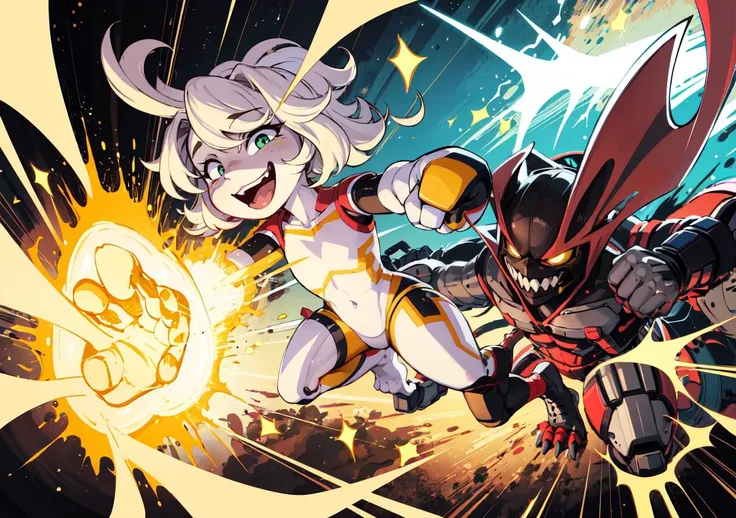 girl and monster fight, girl hitting monster, fight,  full body, from far, foreshortening, dutch angle, fisheye, 
impact, power wave, action, hitting ground, smash, destruction, flying, 
robotic fists, visible bones, energy in hands, jet engines,
young,[happy|grin] face,
(superflat, flat shading:1.1), lineart, pastel colors, (flat colors:0.7),
<lora:childrensDrawingLora_v10:0.3>
<lora:GoodHands-vanilla:1>