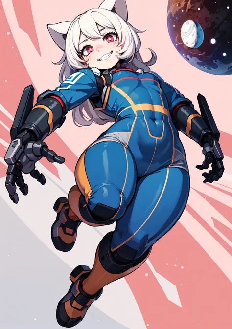 1girl, foreshortening, full body, flying, pov, Dutch Angle,
robotic clothes, (soviet space clothes:1.2), (gundam clothes:0.7), 
hearts, looking at viewer, eye contact, young,[happy|grin] face,
(detailed cosmic eyes:1.2),
(superflat, flat shading:1.1), lineart, pastel colors, (flat colors:0.7),
<lora:childrensDrawingLora_v10:0.3>
<lora:GoodHands-vanilla:1>