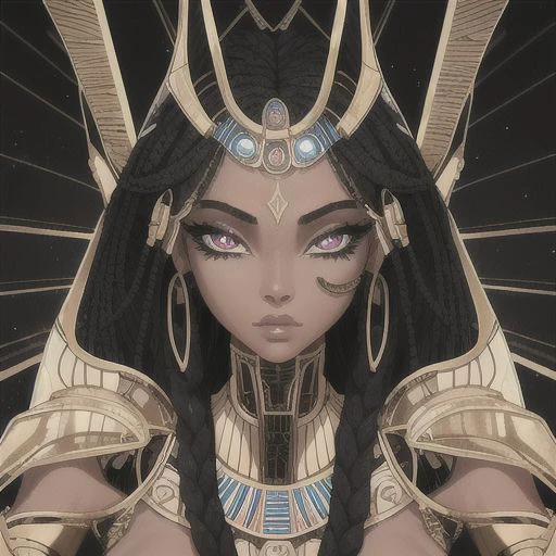 masterpiece, best quality, absurdres, beautiful detailed, finely detailed, intricate details,african american beautiful sci fi futuristic cyborg egyptian goddess in egyptian cosmic background, sharp focus stunning beautiful face, regal royal majestic, beautiful jet black braided long hair, insane intrinsic detail facial features, smooth porcelin complexion, perfect realistic sparkling eyes, clear symmetrical parrallel pupils, high resolution high defination