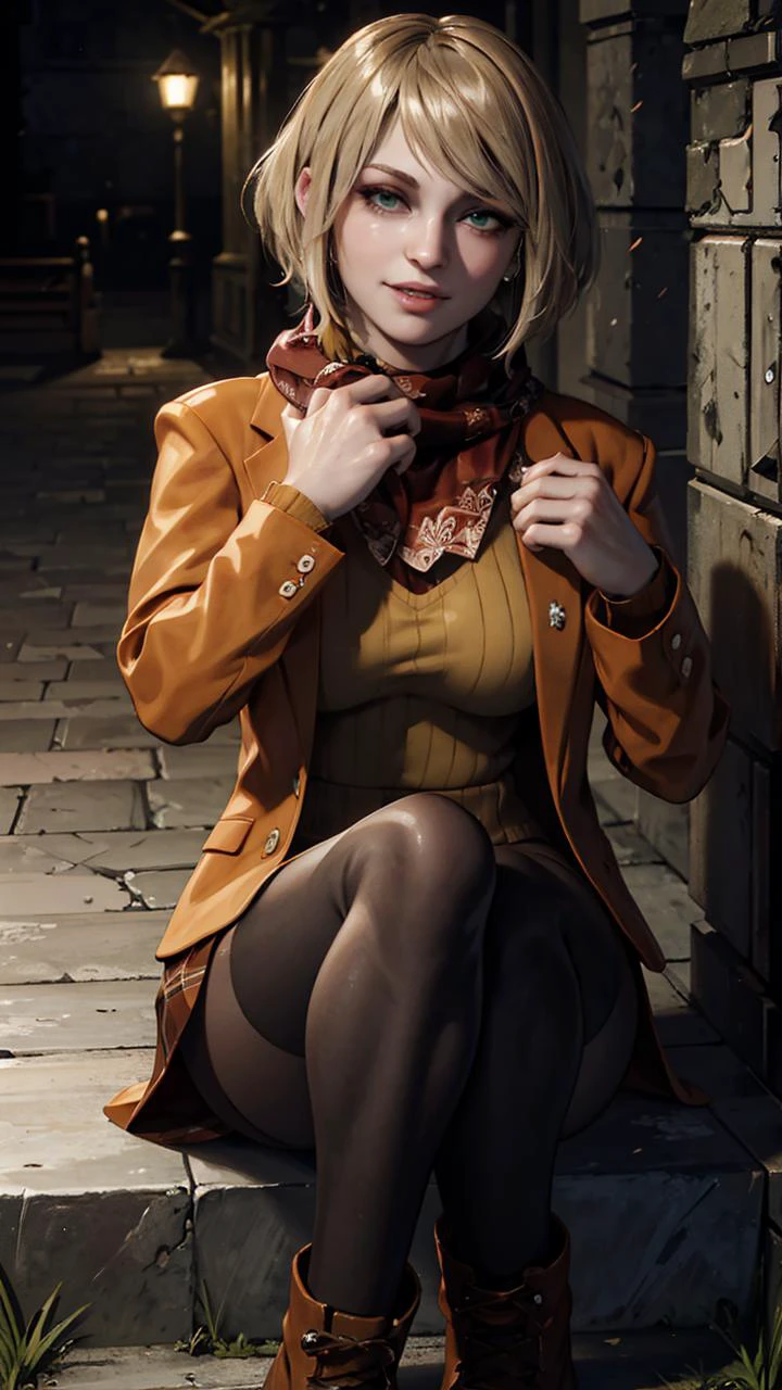 masterpiece, ultra detailed, 64K, f1.4, 85mm, UHD, cinematic lighting, eye shadow, (medium breasts), seductive smile, seductive pose, ((looking at viewer:1)), 1girl,1boy, horror \(theme\), dungeon, dark, night time, night,<lora:RSERomantic_RSESofiko_RSEEmma-v1:0.25>, (RSEEmma:1.5), <lora:sxz-ashley-graham:0.75>,orange jacket, scarf, black plaid skirt, pantyhose, boots, green eyes, short hair