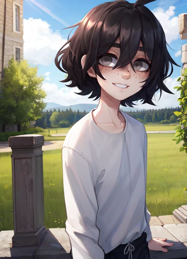 masterpiece, best quality, incredible detail, short hair, black hair, blind, grey eyes, <lora:popoka:0.85>, popoka, (smiling), sunshine, outdoors, french countryside, looking at viewer, ahoge, cute, blushing, pale skin, <lyco:GoodHands-beta2:1.0>