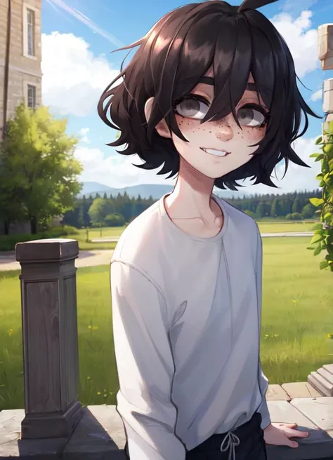 masterpiece, best quality, incredible detail, short hair, black hair, blind, grey eyes, <lora:popoka:0.85>, popoka, (smiling), sunshine, outdoors, french countryside, looking at viewer, ahoge, cute, blushing, pale skin,  <lyco:GoodHands-beta2:1.0>