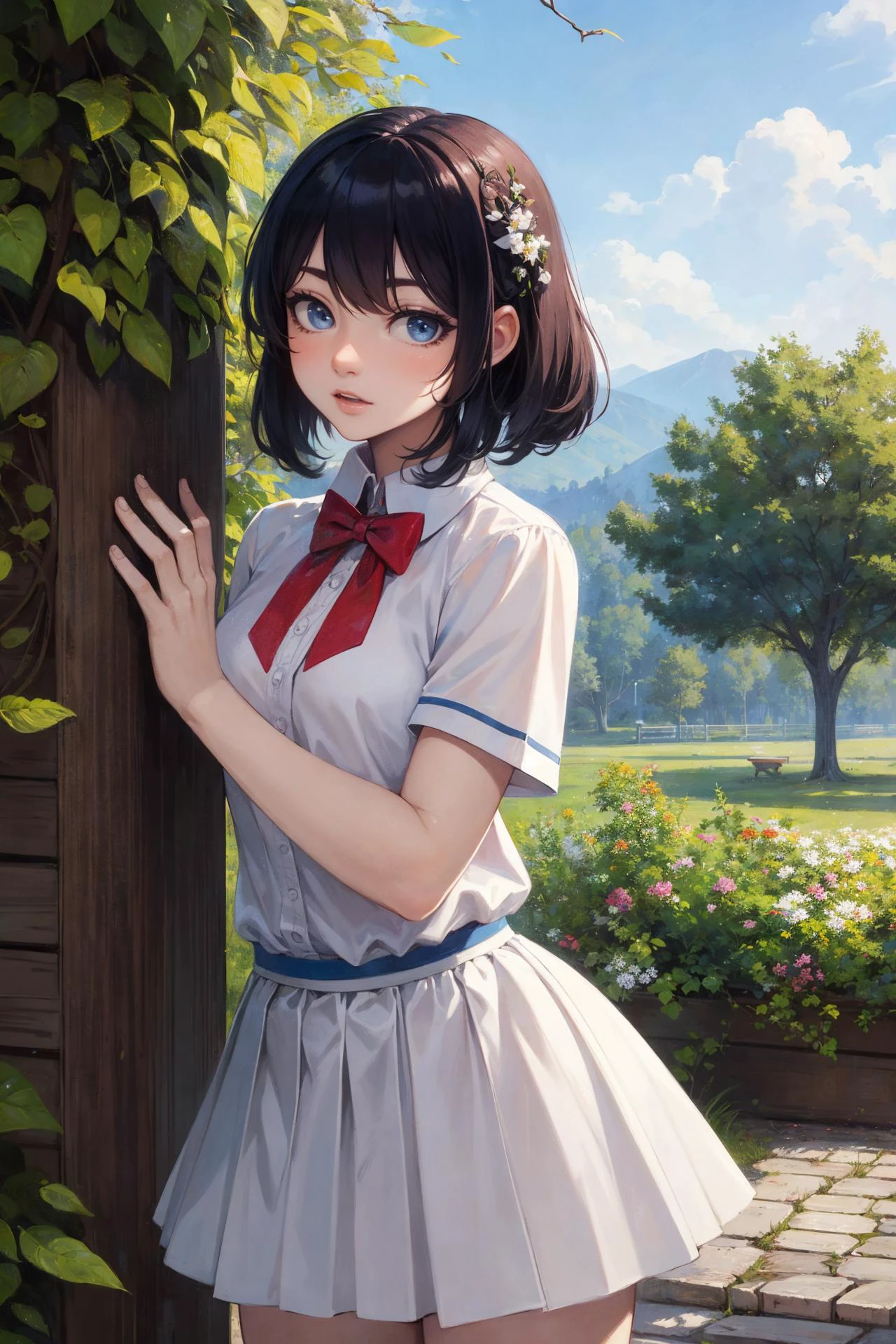 (masterpiece, best quality:1.2)1girl,good hands,nice hands,skindentation, <lyco:GoodHands-beta2:1.0> ,plant,adetailer,short sleeves,blue bowtie,looking at viewer,tree,mooeynine,closed mouth,based mix,2girls,white flower,scenery,merged model,pleated skirt