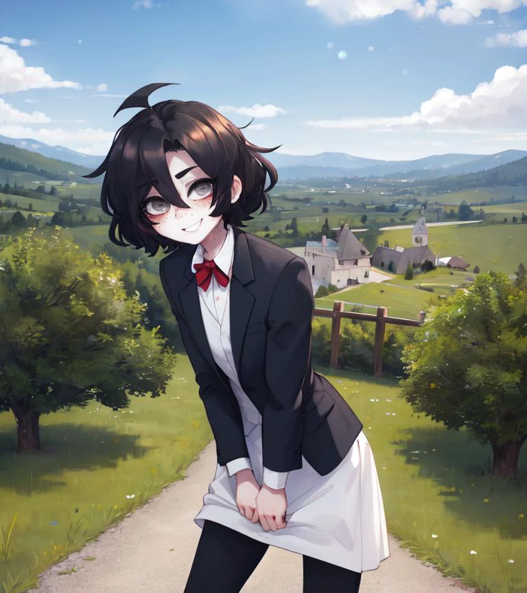 masterpiece, best quality, incredible detail, short hair, black hair, blind, grey eyes, <lora:popoka:0.85>, popoka, (smiling), sunshine, outdoors, french countryside, looking at viewer, ahoge, cute, blushing, pale skin, <lyco:GoodHands-beta2:1.0>, a girl wearing a school uniform,
