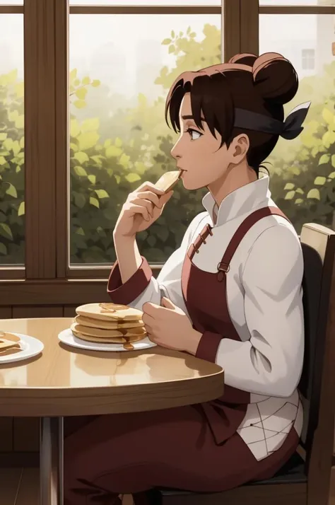 eating pancakes for breakfast in a restaurant, window with nature and plants outside, <lora:ANIME_Naruto_Tenten_v20:0.75>, Tenten, 64K, f1.2, 800mm, UHD, dynamic lighting