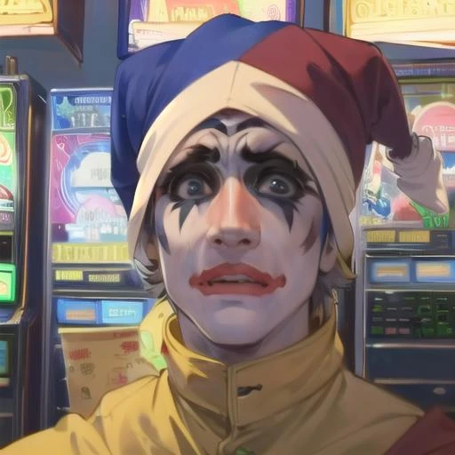 (Masterpiece, best quality, Highres:1.4),
jackpotseva, portrait, 1man,
man dressed as a jester, crazy eyes, looking at viewer, worried,
<lora:JACKPOTSeva:0.85>